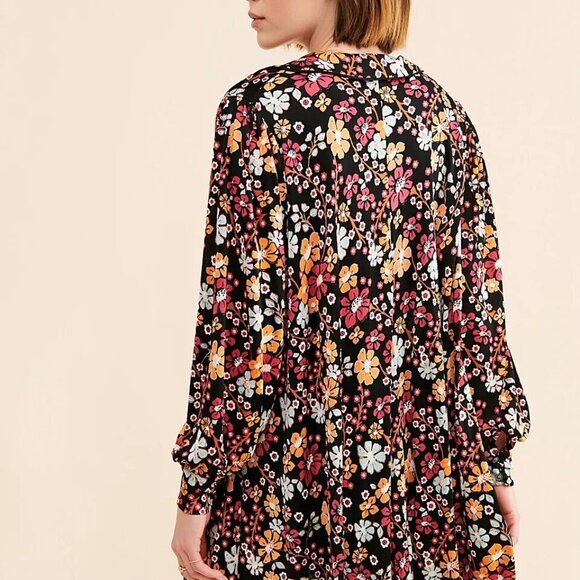 Free People Daisy Jane Mini Dress Tunic Top Black Floral Combo XS Oversized - Picture 4 of 8